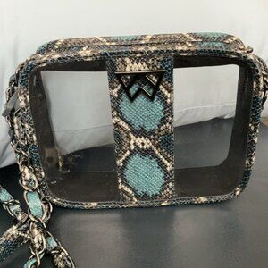 Kelly Wynne blue snake skin clear stadium crossbody bag